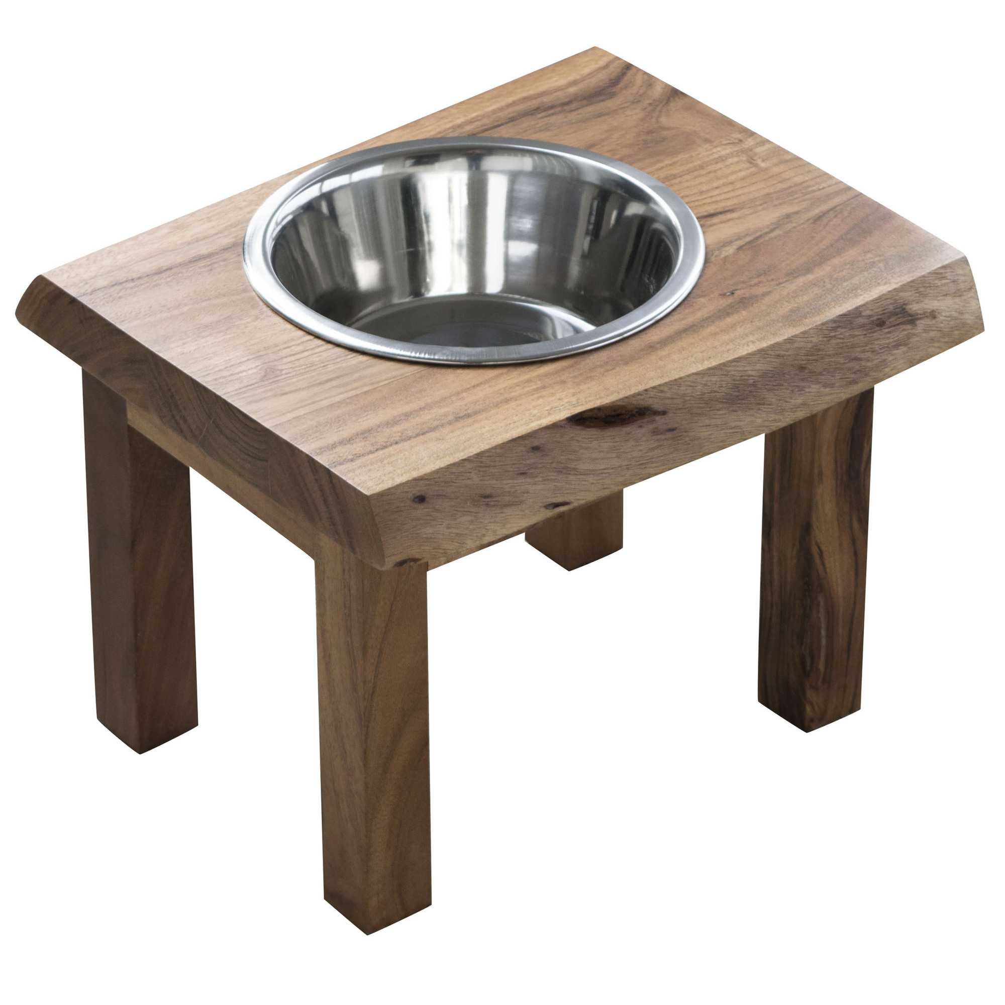 AmeriHome Acacia Wood Live Edge Single Bowl Pet Feeder Stand — 10.25in. Height, 48 Oz. Stainless Steel Bowl, Model# AWLSPF